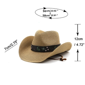 Detail view of ethnic embroidered band on straw cowboy hat with dimensions 56-58cm