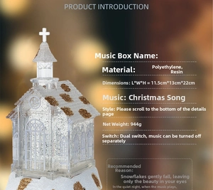 Detailed specs of lighted crystal church music box with swirling snow and Christmas songs