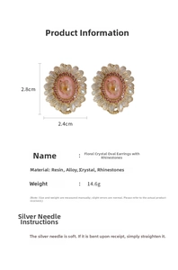 Detail view of flower crystal oval earrings measuring 2.8cm by 2.4cm with silver pins