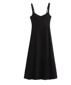 Detailed front view of a black side-slit camisole dress with a slim fit cut