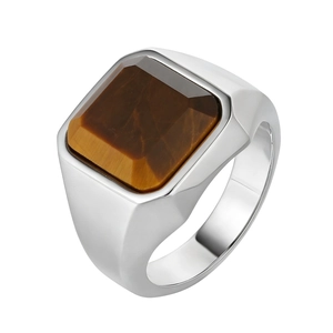 Mens stainless steel ring with square tiger eye gemstone on white background