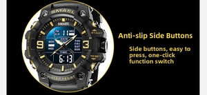 Detail showing the dual display dial of the black and gold waterproof sports watch