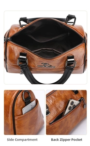 Detailed views of brown pillow bag showing internal pockets and back zipper compartment