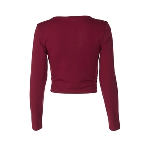 Vue arrière du crop top bordeaux à manches longues avec détails en mesh et coupe ajustée