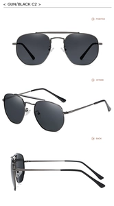 Macro shot of gunmetal polygon sunglasses with polarized black lenses and metal frames