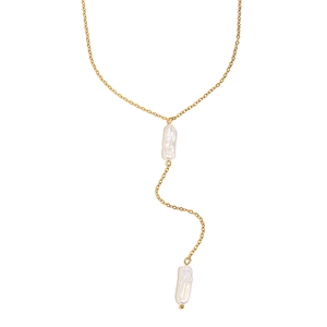 18K gold plated stainless steel Y-necklace featuring elegant Baroque pearl tassels