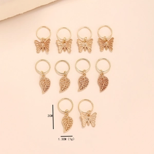 Set of golden butterfly and leaf hair rings with size specs for dreadlock styling