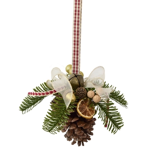 Christmas pine cone ornament with pine needles, bells, and red checkered ribbon decoration