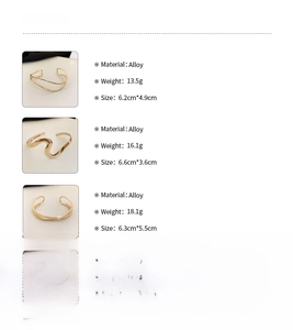 Detailed view of three gold alloy wave bracelets with size and weight specifications