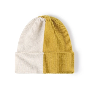 Beige and yellow split-color knit beanie hat with cuffed hem for winter warmth