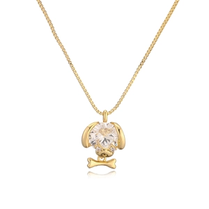 18K gold plated dog pendant necklace with a large sparkling cubic zirconia and bone charm