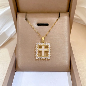 Cross Pendant Necklace Stainless Steel Copper Zircon Mother Of Artificial Pearl Square Frame Elegant Jewelry For Women