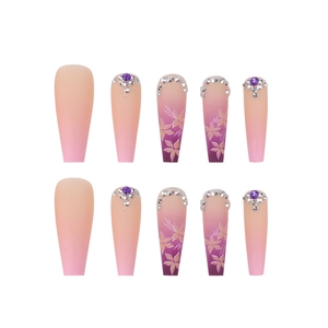 Long coffin gradient purple flower press-on nails with rhinestone accents