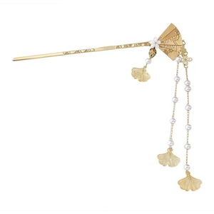 Pic à cheveux éventail doré avec perles blanches, glands et feuilles de ginkgo pour Hanfu