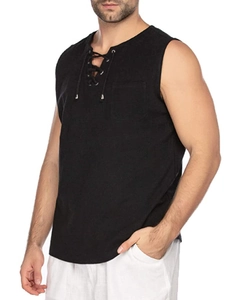 Detail of black cotton linen vest featuring a vintage lace-up V-neck and chest pocket