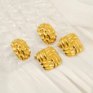 Geometric Woven Texture Hoop Earrings 18K Gold Plated Stainless Steel Chunky Braided Grid Pattern Jewelry For Women