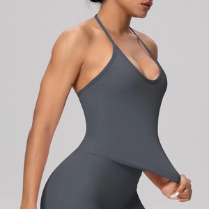 Detail shot showing the high elasticity and stretchy fabric of this grey yoga sports bra