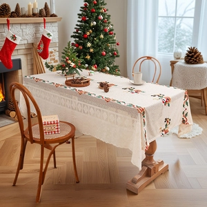 Christmas Tablecloth Polyester Lace Embroidered Santa Reindeer Rectangular Holiday Dining Table Cover American Style Decor