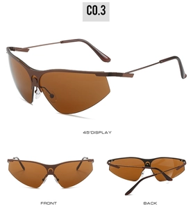 Detailed view of cycling sunglasses with amber lenses and crescent cutout design