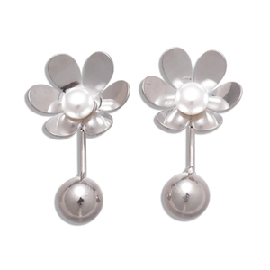 Elegant silver flower earrings with white pearl and metallic ball pendant for women