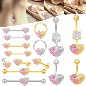 Fashion Heart Wing Body Piercing Jewelry Set Pink Rhinestone Zinc Alloy Belly Ring Nose Stud Industrial Earring For Women
