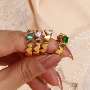 18K gold plated stainless steel heart rings set with blue, pink, white and green zircons