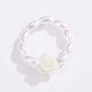 Bohemian style beaded flower ring with white rose resin charm and faux pearls