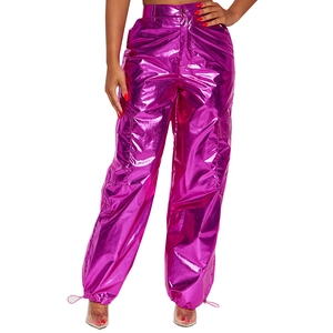 Glossy high-waisted cargo pants in rose red with metallic finish and large utility pockets