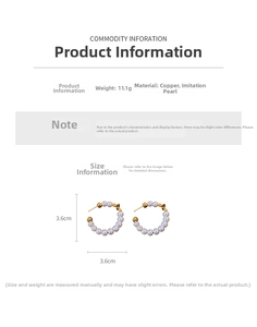 Detailed size specifications for pearl hoop earrings showing 3.6cm diameter and weight