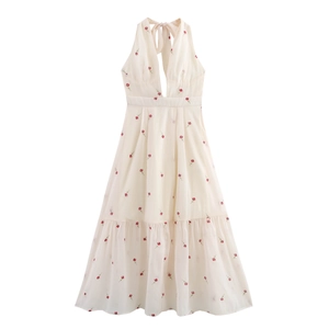 Halter Maxi Dress Polyester Chiffon Red Rose Embroidery Backless Bow Tie Tiered High Waist Sweet French Style