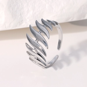 Polished silver stainless steel open ring featuring a unique flame and feather design