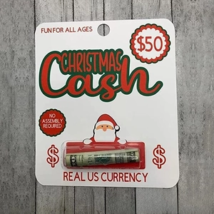 Close-up of a Christmas cash gift holder card with a clear slot for folded bills