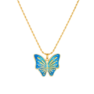 Gold-plated chain necklace with a blue gradient enamel butterfly pendant on white backdrop