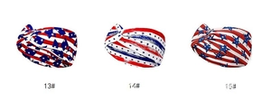 Detailed close-up showing three styles of vintage American flag knotted yoga headbands