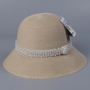 Damen Fischerhut Strohhut Faltbar UPF 50+ UV Schutz Breite Krempe Künstliche Perlenband Reise Strand Mode Elegant