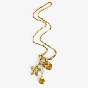 French INS style gold starfish heart and pearl pendant necklace with twisted rope chain