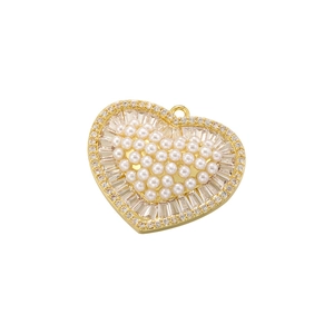 Elegant gold heart pendant with inlaid pearls and sparkling rectangular cubic zirconia