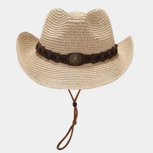 Classic straw cowboy hat with a metal star badge and adjustable windproof chin strap