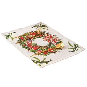 Christmas knitted placemat with festive wreath pattern and holiday greenery elements