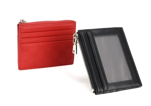 Detail view of red checkered embossed pattern and black card holder with clear window