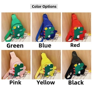 Collection of six colorful kids dinosaur crossbody bags in green blue red pink yellow and black
