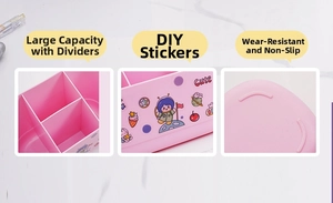Detailed views of pink desk organizer with compartments and cute astronaut stickers
