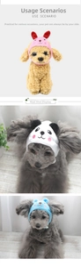 Detailed view of plush animal hats for cats and small dogs in rabbit and panda designs