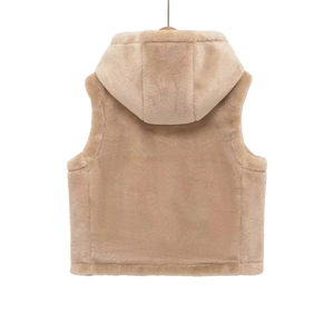 Back view of a khaki faux fur hooded vest in thick plush fabric on white background