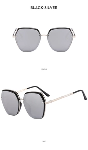 Front and side views of stylish black and silver geometric metal sunglasses