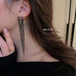 Chic black triangle geometric tassel drop earrings for women with dangling fringe design