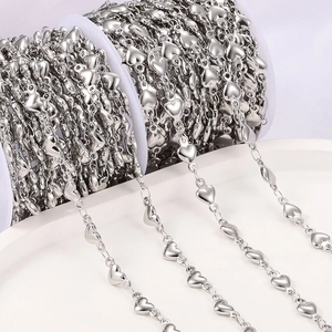 Silver stainless steel heart chain on white spool for DIY jewelry making supplies