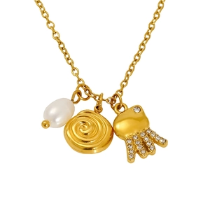 Bohemian gold stainless steel necklace with pearl, jellyfish and coin charms