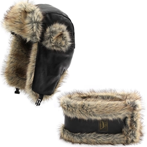 Winter trapper hat and neck warmer set in black faux leather with grey faux fur trim