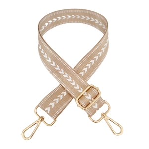 Detail of adjustable khaki nylon bag strap with white chevron patterns and gold buckles